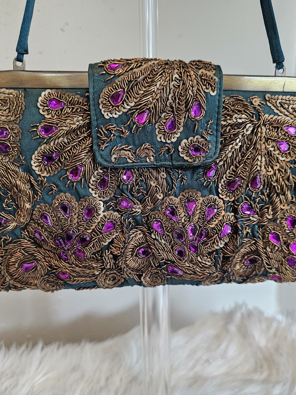 Vintage Santi Teal Satin Purple & Gold Beaded Evening Clutch Bag Fairycore - Picture 3 of 14